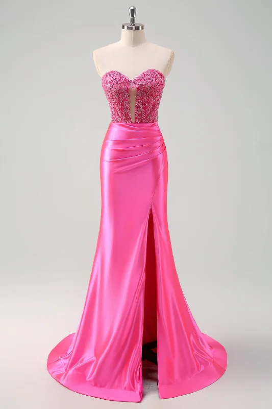 Fuchsia Sweetheart Mermaid Satin Long Corset Prom Dress with Appliques Tunics Recommended stylist Fuchsia Sweetheart Mermaid Satin Long Corset Prom Dress with Appliques Tunics Recommended stylist