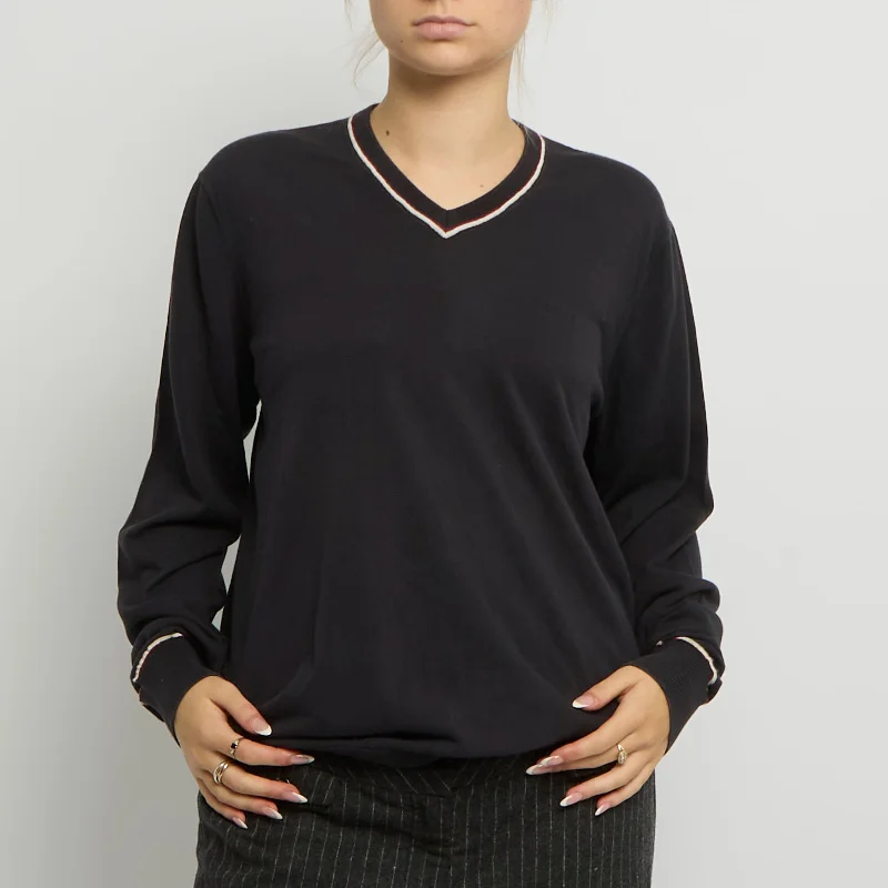 Armani V-Neck Stripe Sweatshirt - UK 12 Hoodie with Zipper Placket Modern Functional