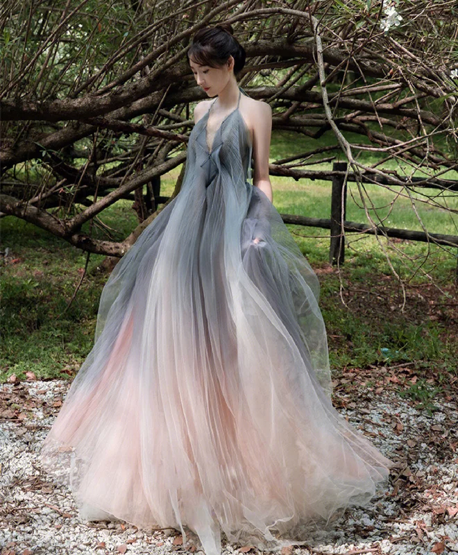 Gray V Neck Tulle Long Prom Dress, Gray Tulle Evening Dress Tunics Cozy comfortable
