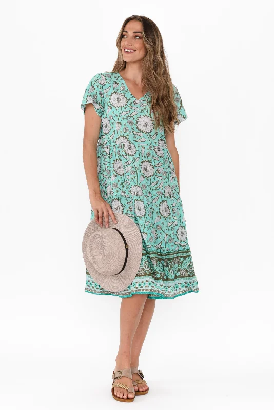 Lania Aqua Floral Crinkle Cotton Dress Tunics Denim casual