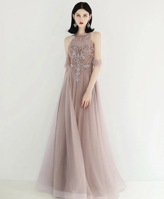 Unique Tulle Beads Long Prom Dress, Tulle Formal Dress Tunics Canvas sturdy
