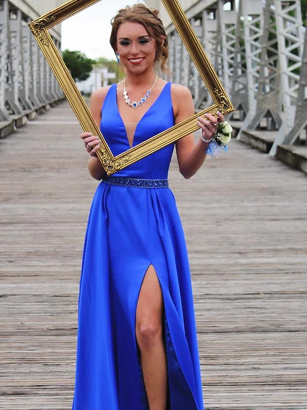 A Line V Neck Royal Blue Prom Dresses with Leg Slit, V Neck Royal Blue Formal Graduation Evening Dresses Tunics Versatile stylish A Line V Neck Royal Blue Prom Dresses with Leg Slit, V Neck Royal Blue Formal Graduation Evening Dresses Tunics Versatile stylish