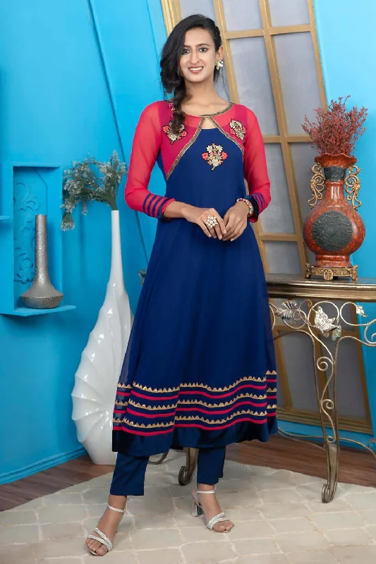 Blue Embroidered Georgette Anarkali Kurta Pants Set Formal Stretch Pants
