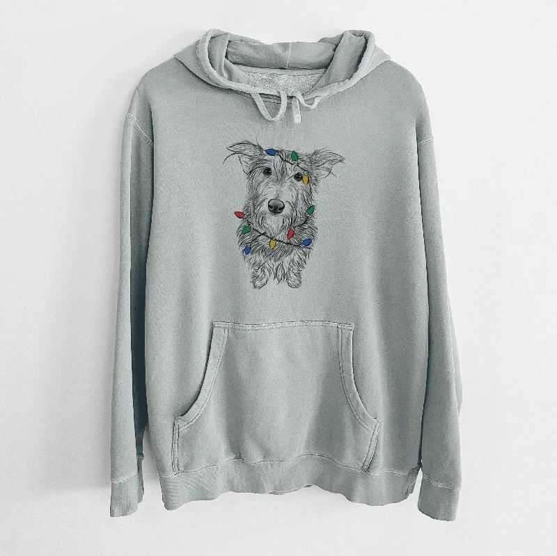 Christmas Lights Frida Doggo the Rescue Terrier Mix - Unisex Pigment Dyed Hoodie Hoodie with Tie-Dye Psychedelic Retro