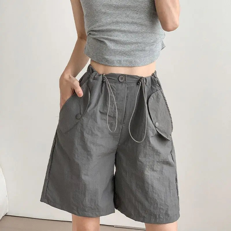 Advbridge  -  Women's Thin Drawstring Design Knee Length Shorts Summer New Street Style Female High Waist A-line Loose Straight Mini Pants Comfortable Jogger Trousers