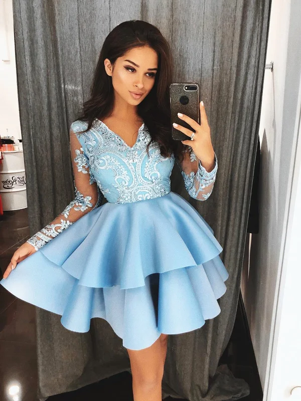 Long Sleeves Short Blue Lace Prom Dresses, Short Blue Lace Homecoming Graduation Formal Dresses Tunics Fashionable trendy Long Sleeves Short Blue Lace Prom Dresses, Short Blue Lace Homecoming Graduation Formal Dresses Tunics Fashionable trendy