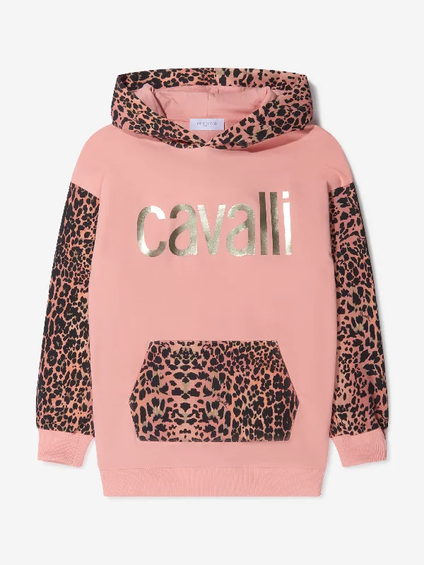 Roberto Cavalli Girls Cotton Leopard Print Logo Hoodie Hoodie with Longline Fit Extended Stylish