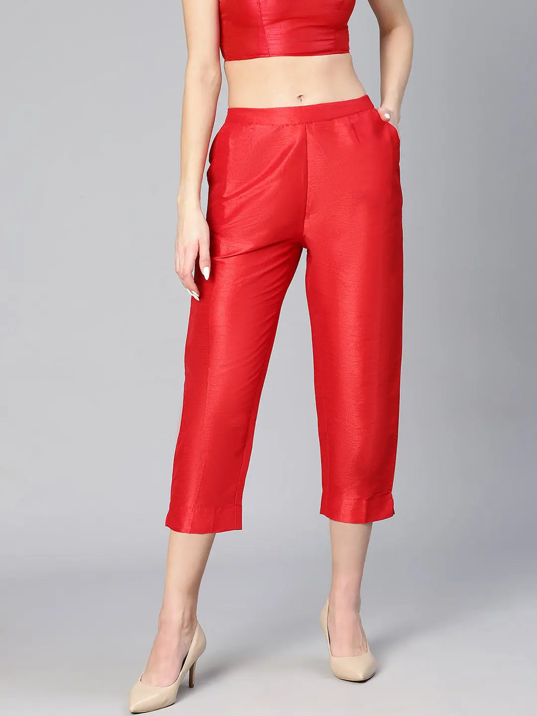 Fetive Soild Red Elasticated Women Pant Formal Stretch Pants