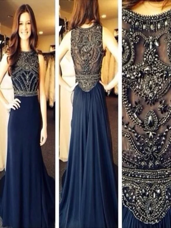 Dark Blue Chiffon A-line Beaded Long Prom Dresses, Evening Dresses, Formal Dresses Tunics Short Trendy Dark Blue Chiffon A-line Beaded Long Prom Dresses, Evening Dresses, Formal Dresses Tunics Short Trendy