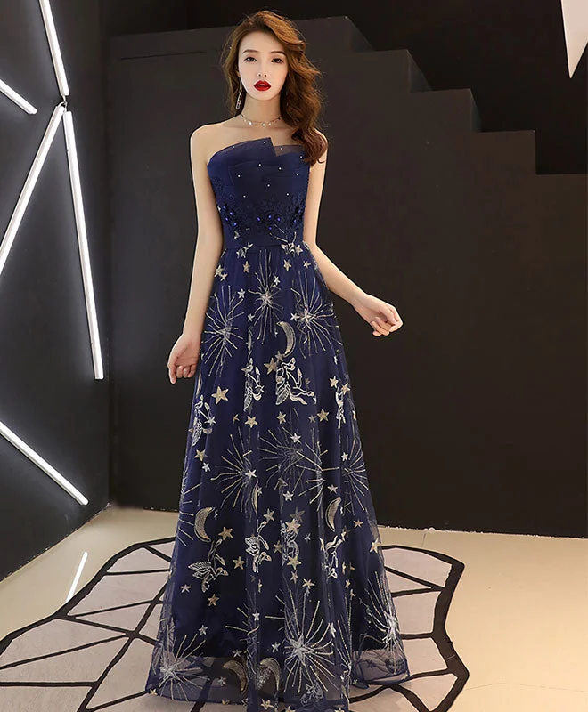 Dark Blue Tulle Lace Long Prom Dress, Blue Evening Dress Tunics Exclusive limited