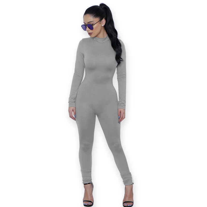 Casual Women One Piece Jumpsuits Long Sleeve turtleneck Bodycon Back Zipper Long Pants Outfits Grey Rompers Trendy Printed Leggings