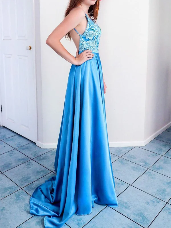 V Neck Backless Blue Prom Dresses, Open Back Blue Lace Formal Evening Dresses Tunics Exclusive limited