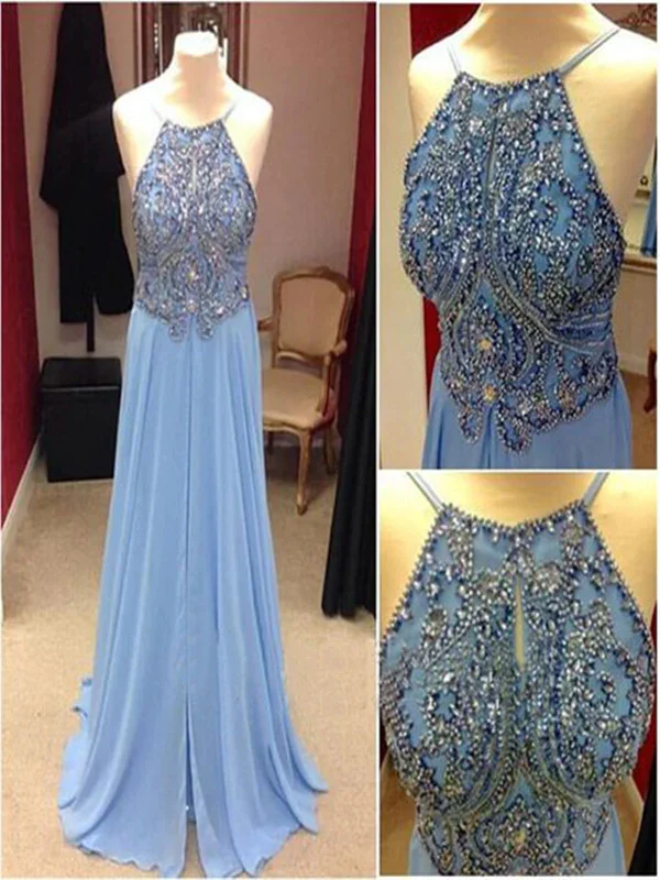 Sexy Spaghetti Straps Beaded Chiffon Long Backless Light Blue Prom Dress, Long Backless Formal Dress Tunics Versatile stylish Sexy Spaghetti Straps Beaded Chiffon Long Backless Light Blue Prom Dress, Long Backless Formal Dress Tunics Versatile stylish