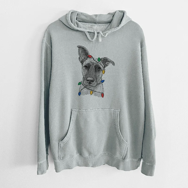 Christmas Lights Zoey the Mixed Breed - Unisex Pigment Dyed Hoodie Hoodie with Tied Waist Feminine Flattering