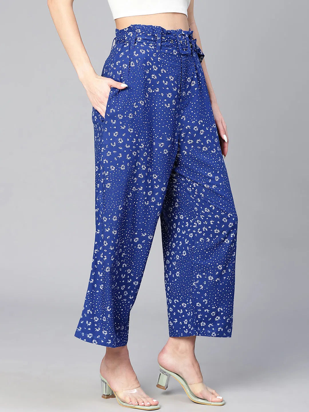 Contemporaray Abstract Print Blue Elastiacted Women Pant Trendy Wide-Leg Pants