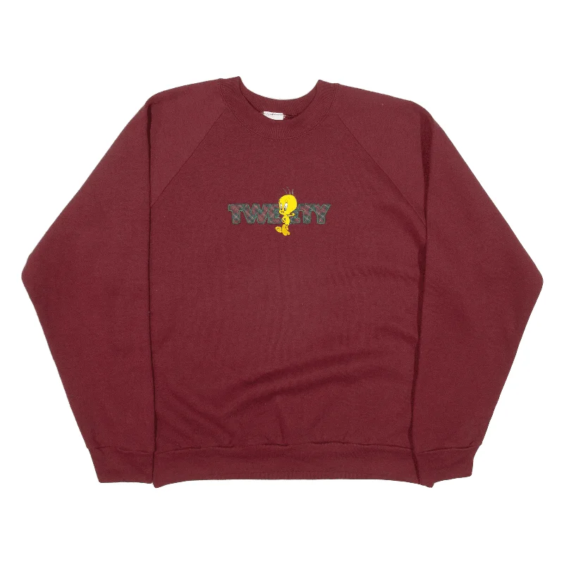 WARNER BROS Looney Tunes Tweety Sweatshirt Maroon Womens XL Hoodie with Applique Textured Unique
