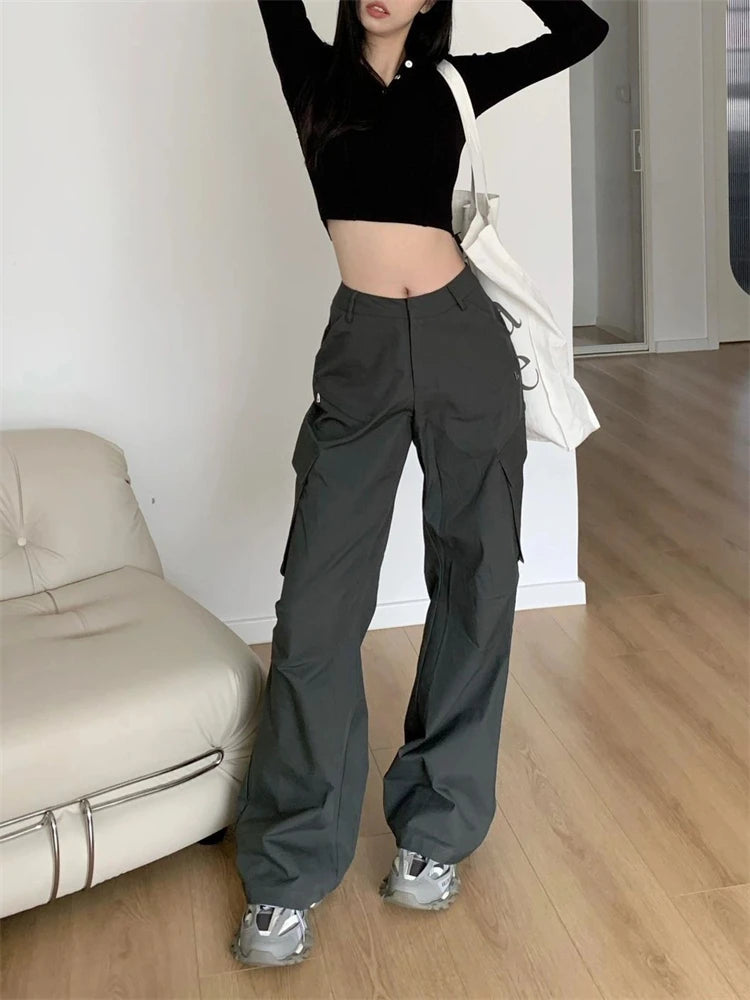 Advbridge  American Women's High Waisted Straight Grey Pants Summer High Street Loose Versatile Casual Wide Leg Mop Pants Female Elegant Palazzo Trousers