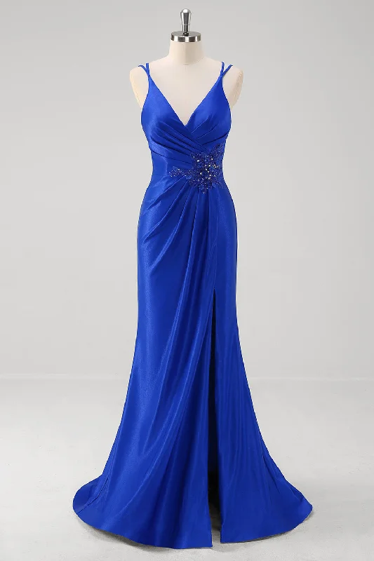 Sparkly Royal Blue Mermaid Spaghetti Straps Long Prom Dress With Slit sweetheart Neckline Romantic Sparkly Royal Blue Mermaid Spaghetti Straps Long Prom Dress With Slit sweetheart Neckline Romantic