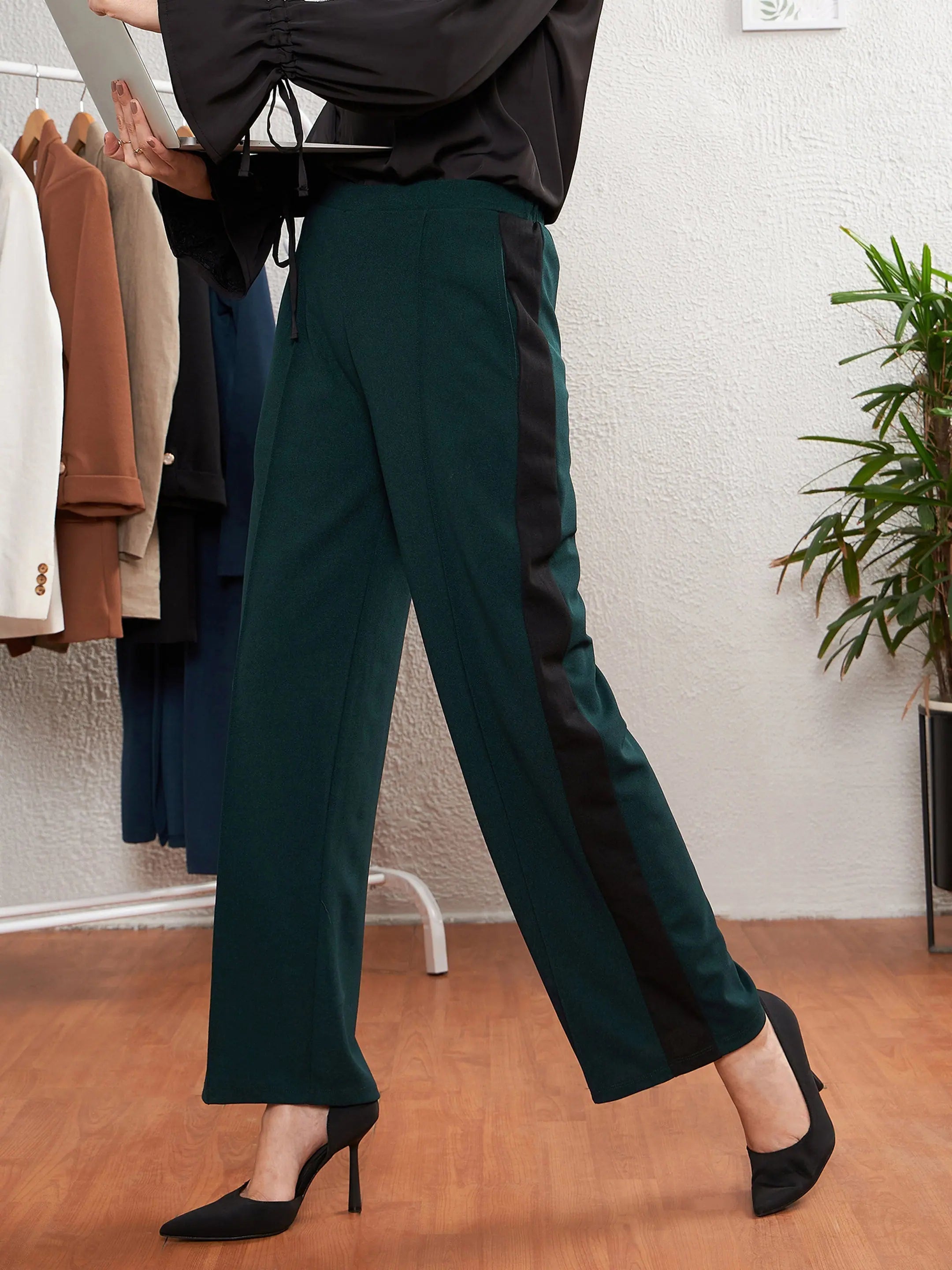 Women Emerald Green Side Tape Straight Pants Elegant Trouser Pants