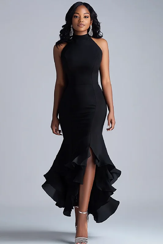 Black Ruffles Mermaid Halter Neck Long Gala Dress with Slit Tunics Fleece cozy