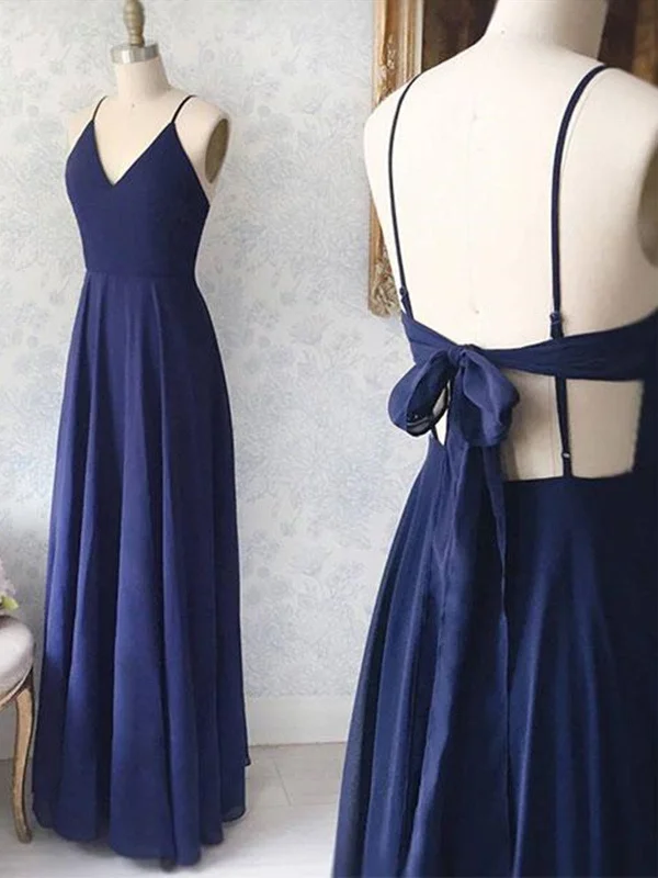 A Line V Neck Navy Blue Backless Prom Dresses, Navy Blue Backless Formal Evening Dresses Crew Neckline Casual A Line V Neck Navy Blue Backless Prom Dresses, Navy Blue Backless Formal Evening Dresses Crew Neckline Casual