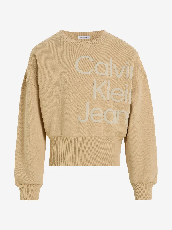 Calvin Klein Girls Puff Hero Logo Sweatshirt in Beige Hoodie with Ribbed Neckline Snug Warm