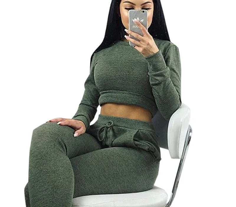 Solid Color Long Sleeve Bodycon Round Neck Two Pieces Outfits Crop Top Long Pants Women Rompers and Jumpsuits Soft Stretch Pants