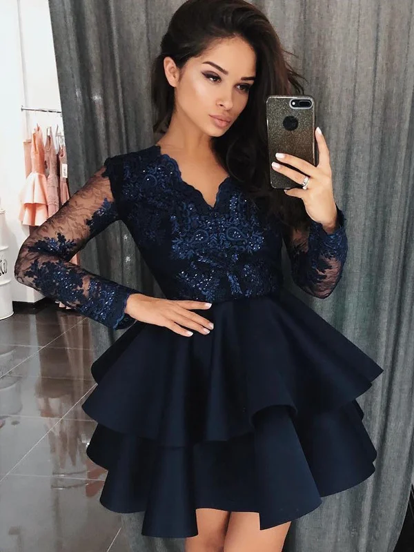 Long Sleeves Short Navy Blue Lace Prom Dresses, Short Navy Blue Lace Graduation Evening Dresses Tunics Chic elegant Long Sleeves Short Navy Blue Lace Prom Dresses, Short Navy Blue Lace Graduation Evening Dresses Tunics Chic elegant