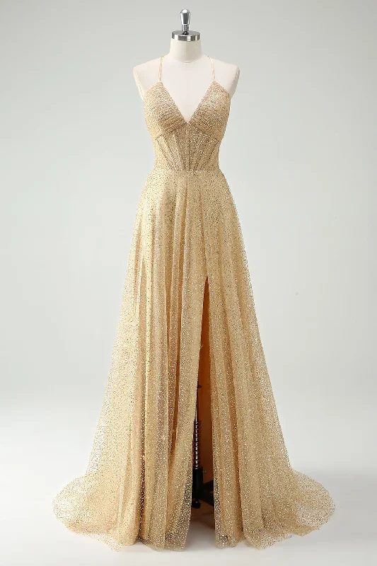 A Line Gold Sequin Spaghetti Straps Prom Dress With Slit Tunics Office stylish
