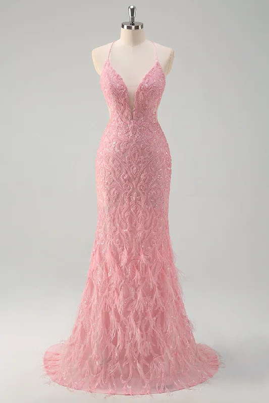 Sparkly Pink Mermaid Spaghetti Straps Sequin Long Prom Dress with Feathers Tunics Chic elegant