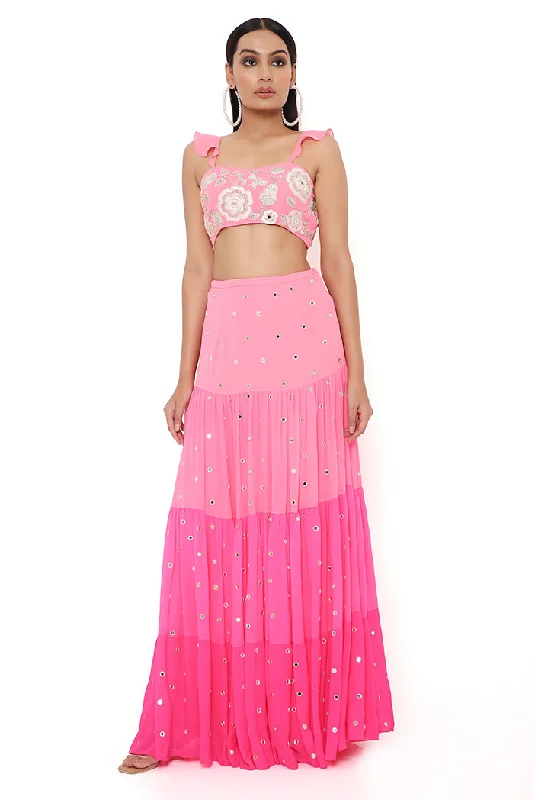 FLORENCE CORAL GEORGETTE EMBROIDERED TOP WITH CORAL AND PINK OMBRE SKIRT silk skirt lustrous