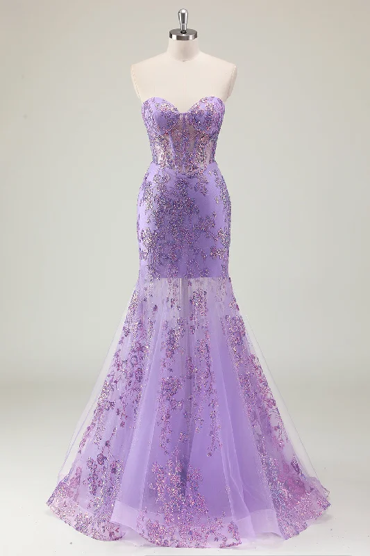 Purple Mermaid Corset Strapless Long Prom Dress with Appliques Tunics stripes playful Purple Mermaid Corset Strapless Long Prom Dress with Appliques Tunics stripes playful