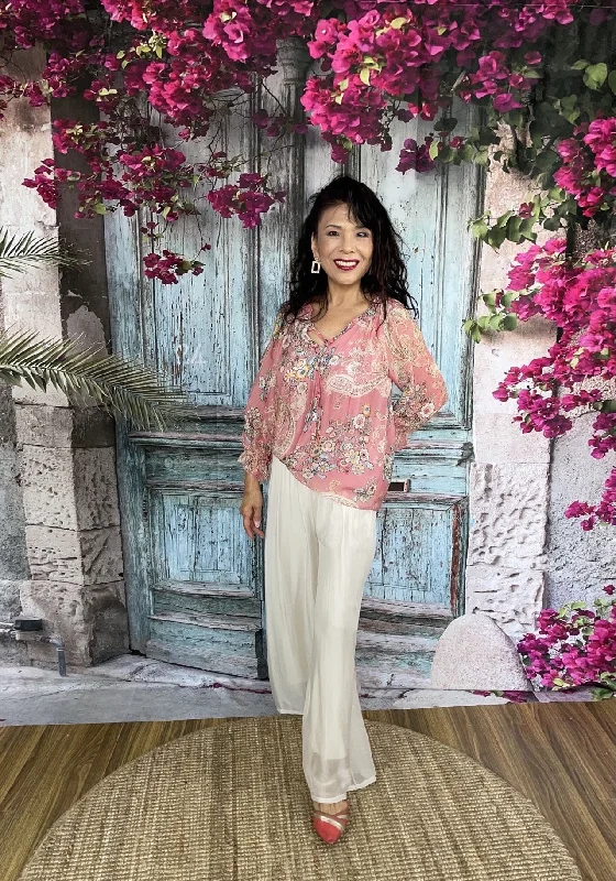 La Strada Silk Pants Cream Soft Sweatpants Style