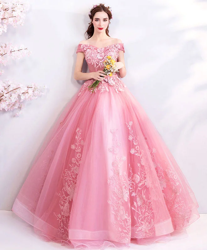Pink Tulle Off Shoulder Lace Long Prom Dress, Pink Evening Dress Tunics Gym athletic Pink Tulle Off Shoulder Lace Long Prom Dress, Pink Evening Dress Tunics Gym athletic