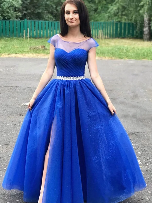 Round Neck Cap Sleeves Blue Prom Dresses, Cap Sleeves Long Blue Formal Graduation Evening Dresses Tunics Lace romantic