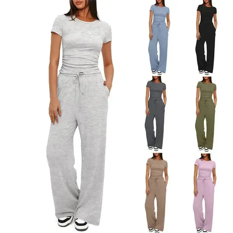 2pcs Solid Color Casual Sports Suit Short-sleeved Top And High-waisted Drawstring Wide-leg Pants Summer Fashion Set For Womens Clothing Slim-Fit Khaki Pants