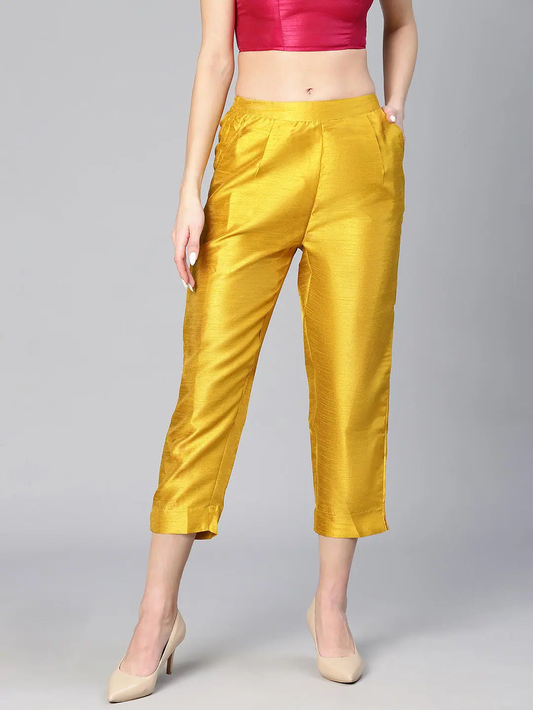 Leaded Soild Mustard Elasticated Women Pant Fashionable Tapered Leg Pants