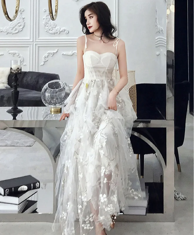 White Tulle Lace Long Prom Dress, White A-Line Lace Graduation Dresses Boat Neckline Classic White Tulle Lace Long Prom Dress, White A-Line Lace Graduation Dresses Boat Neckline Classic