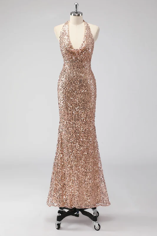 Glitter Champagne Mermaid Halter Open Back Long Prom Dress with Sequins Tunics Luxurious high-end Glitter Champagne Mermaid Halter Open Back Long Prom Dress with Sequins Tunics Luxurious high-end