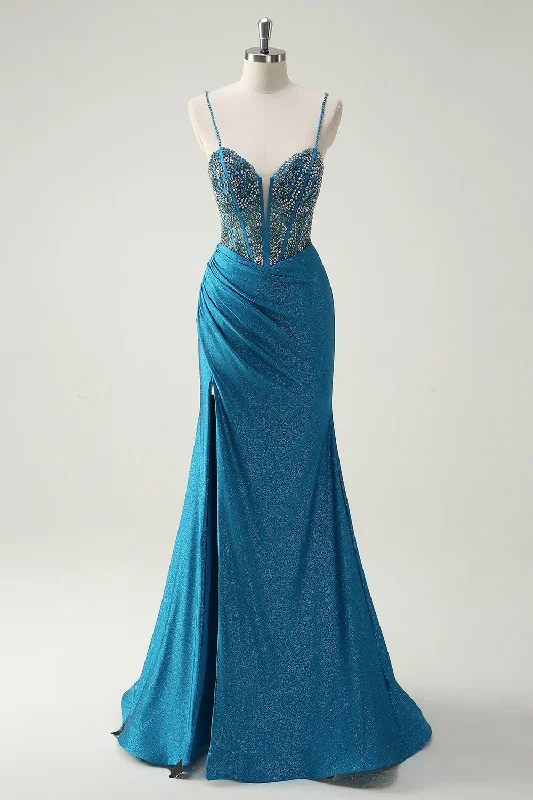 Sparkly Blue Spaghetti Straps V-Neck Ruched Long Prom Dress with Beading Pencil Office Professional Sparkly Blue Spaghetti Straps V-Neck Ruched Long Prom Dress with Beading Pencil Office Professional