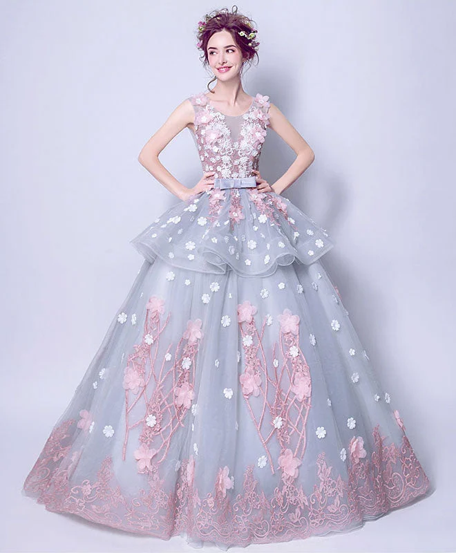 Unique Round Neck Tulle Lace Long Prom Dress, Gray Evening Dress Tunics Business professional Unique Round Neck Tulle Lace Long Prom Dress, Gray Evening Dress Tunics Business professional
