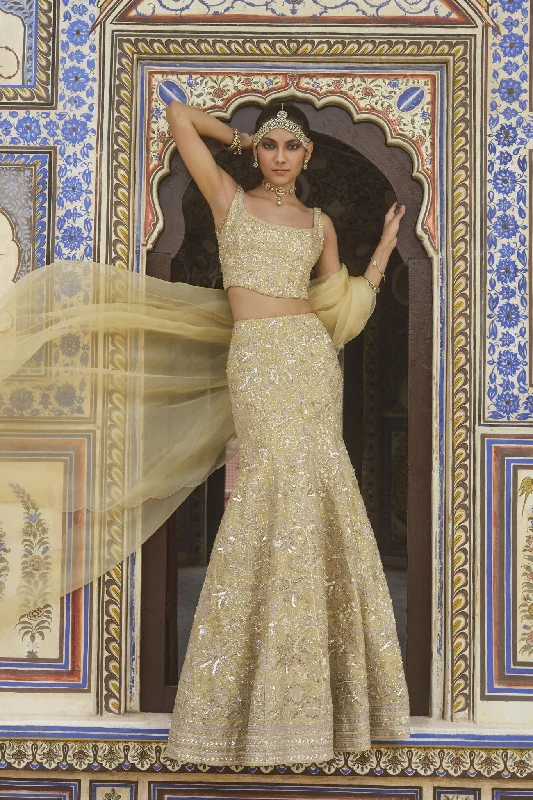 Aurore Embroidered Silk Fishtail Skirt Set - Gold pleated skirt texture