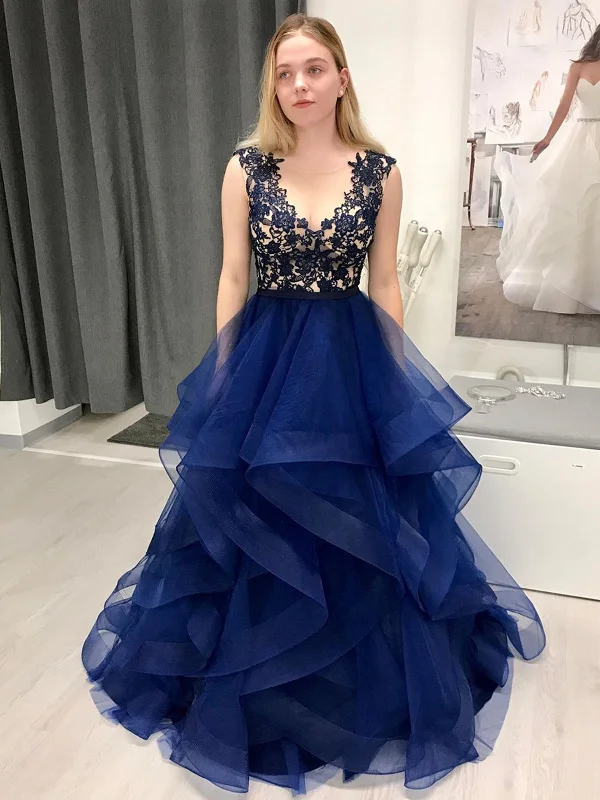 Round Neck Dark Navy Blue Lace Prom Dresses, Dark Navy Blue Lace Formal Evening Dresses Tunics Prom sequined