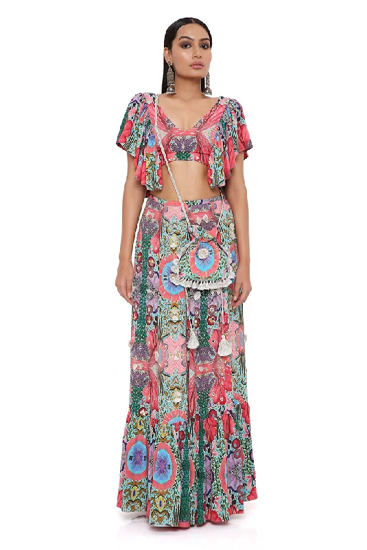 NOELLE RED ENCHANTED PRINT CREPE EMBROIDERED TOP WITH A FRILL SKIRT linen skirt airy