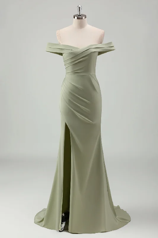 Sage Mermaid Off the Shoulder Ruched Long Prom Dress with Slit Tunics Wedding white