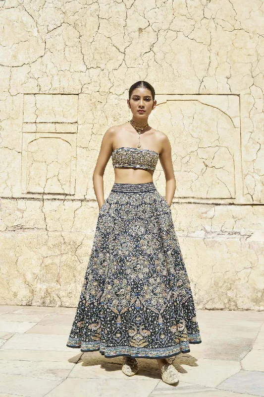 Forest Gleam Embroidered Zardozi Silk Skirt Set - Black chiffon skirt airy