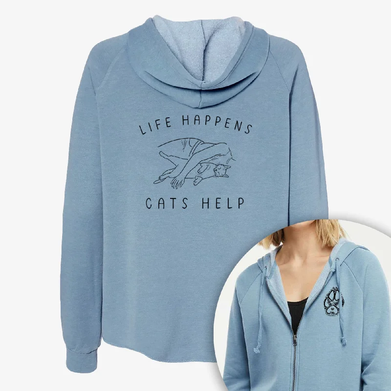 Life Happens Cats Help - Shorthair Cat - Women's Cali Wave Zip-Up Sweatshirt Hoodie with Drawcord Adjustable Secure