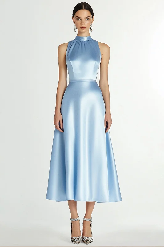 A Line Blue Halter Neck Satin Long Formal Dress Tunics Solid Classic