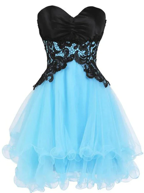 Sweetheart Neck Short Blue Prom Dress with Black Lace Flower, Short Blue Homecoming Dress, Graduation Dress Casual Short Summer Sweetheart Neck Short Blue Prom Dress with Black Lace Flower, Short Blue Homecoming Dress, Graduation Dress Casual Short Summer