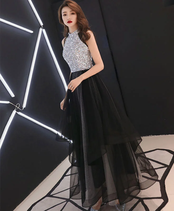 Black Sequin Tulle Long Prom Dress, Black Tulle Evening Dress Tunics Silk luxurious